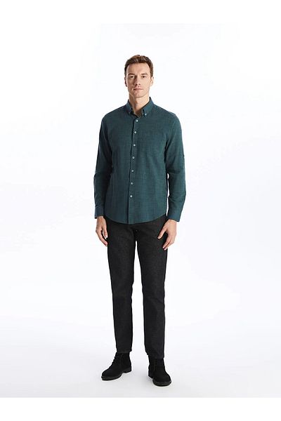 LC Waikiki Classic Green Regular Fit Long Sleeve Dobby Men's Shirt