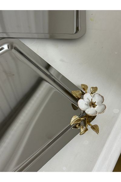 SEVA ÇELİK 6 Pcs White Floral Pattern Stainless Steel Square Model Presentation Tray Service