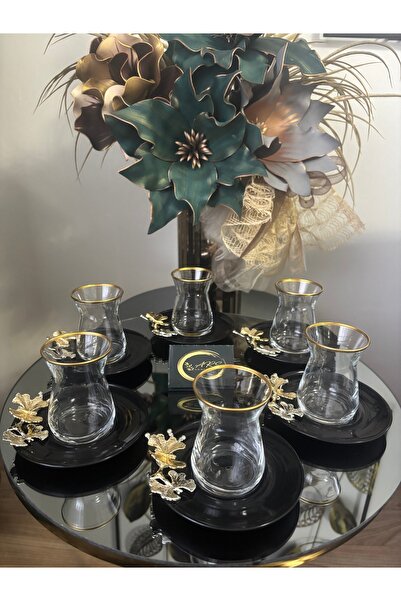 Paşabahçe Black Glass Plate Butterfly Detailed 12 Piece Tea Set for 6 People, Tea Set, Irem Tea Cups