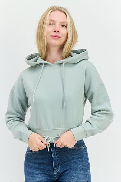 Juice Women Hood With Drawstring Plain Long Sleeve Cropped Sweatshirts, Sage Green