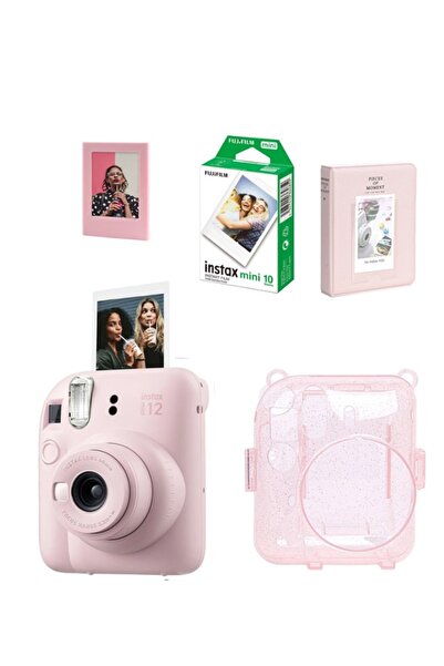 Fujifilm Instax Mini 12 Pembe Fotoğraf Makinesi Simli Pleksi Kılıf Pvc Albüm 10'lu Film Ve Çerçeveli