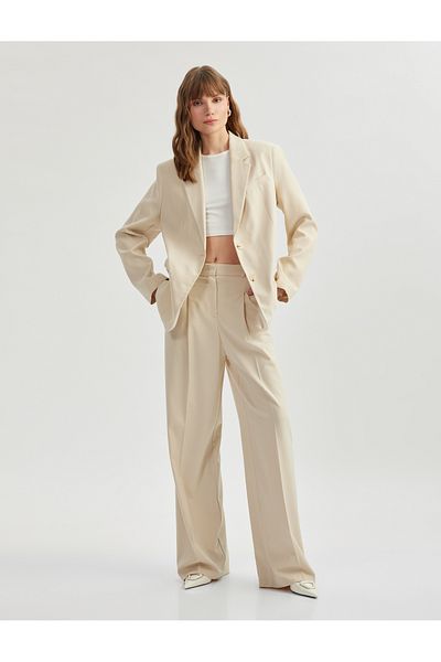 Koton High Waist Pleat Detailed Wide Leg Fabric Trousers with Pockets
