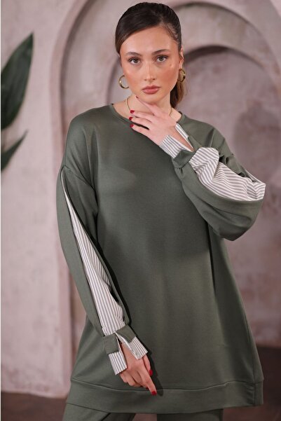 Byelmira Women's Crystal Modal Fabric Shirt Detailed Double Set Khaki