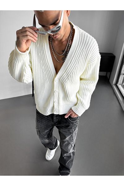 elkumoda Cotton Patterned Knitwear Cardigan - Comfortable Flowy Cardigan with Shawl Collar and Button Detail