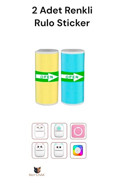 NorthAK 2 Adet Renkli Mini Yazıcı Rulosu Yapışkanlı Sticker - Mini Yazıcı Rul...