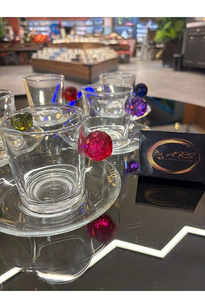 Paşabahçe Colorful Crystal Bulk 12 Piece Set of 6 Person Teacups, Glass Coffee Cup Set