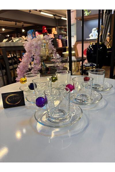 Paşabahçe Colorful Crystal Bulk 12 Piece Set of 6 Person Teacups, Glass Coffee Cup Set