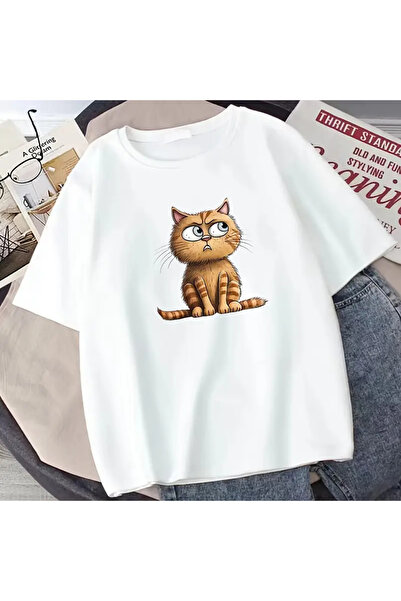 Pink Sky Μπλουζάκι μεγάλου μεγέθους Cat με στάμπα χτενισμένο βαμβακερό μπλουζάκι για όλες τις εποχές