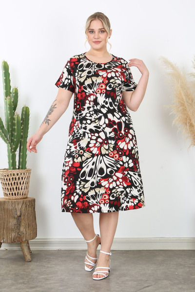 Madwilo Women's Red Beige Wing Pattern Stretchy Viscose Basic Dress