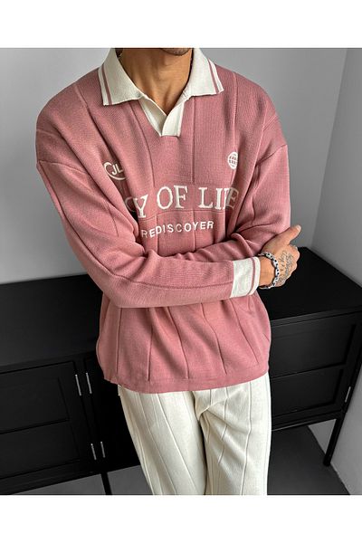 elkumoda Πλεκτό πουλόβερ με μοτίβο Polo Neck - Μαλακό και χωρίς χνούδι, φούτερ με χαλαρή λεπτομέρεια κεντήματος