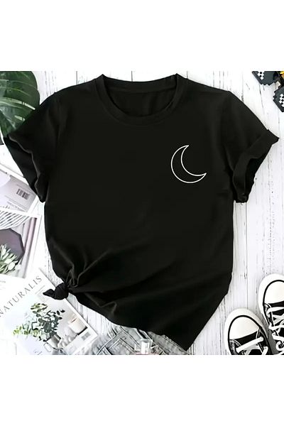 Pink Sky Plus Size Moon Printed Oversize Combed Cotton T-Shirt All Seasons