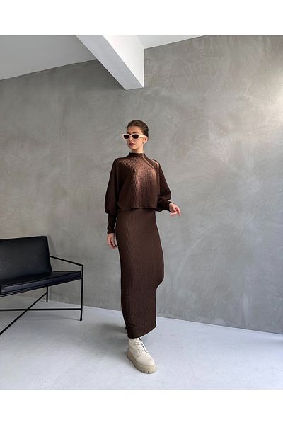 Fav Style Brown Women's Blouse and Long Skirt Set - Half Stand Collar, Bat Sleeve and Slit Detail