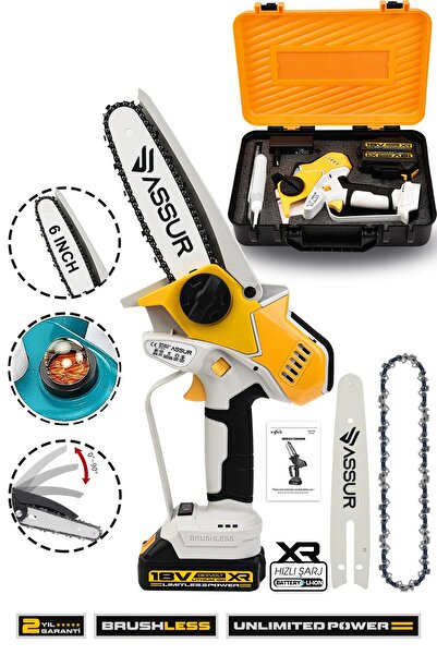 ASSUR Extra Kömürsüz Motor Şarjlı El Testeresi Ağaç Odun Dal Kesme Budama Sarı