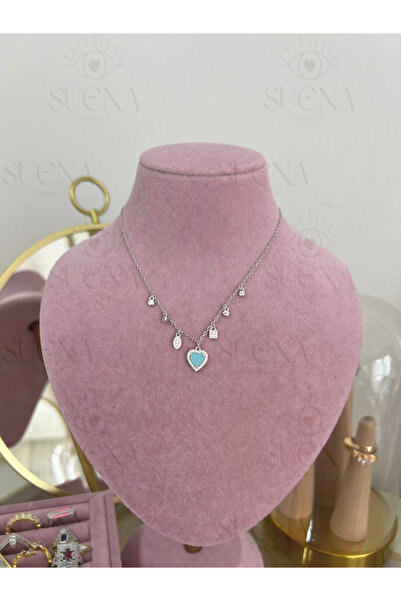 suena 925 Ayar Gümüş Sallantılı Turkuaz Gümüş Renk Kalp Kolye (9 NUMARA)