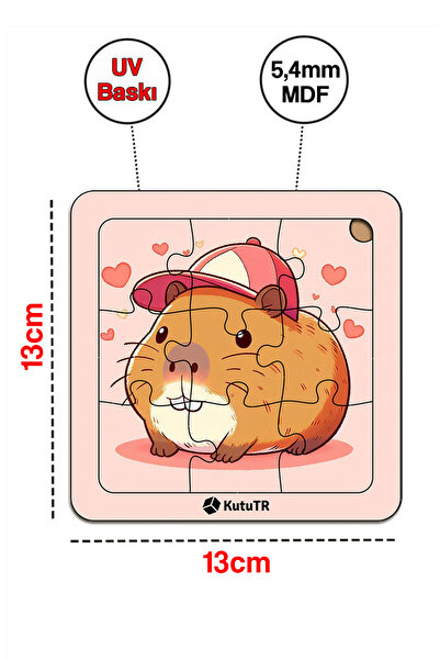 kutuTR Çocuklar İçin  Capybara Ahşap Renkli Yapboz 13x13 Ebadında Puzzle 9 Parça 3'lü Set 313
