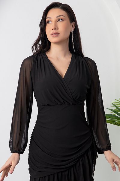 PULLIMM Double Breasted Collar Flounces Short Tulle Dress 10006