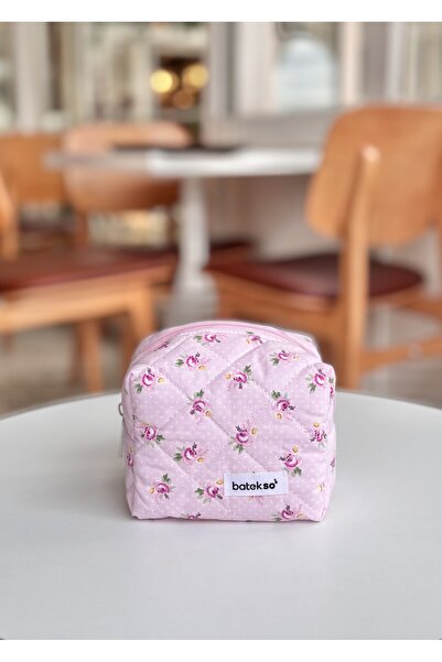 Batekso Powder Pink Rose Patterned Makeup Bag - Small Size