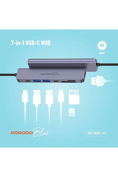 porodo Blue 7In1 Hub Hdmi 2Xusb-A 2Xusb-C Sd Microsd