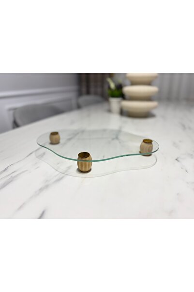 kitmood Ahşap top ayaklı cam sunumluk masaüstü ayaklı cam tepsi