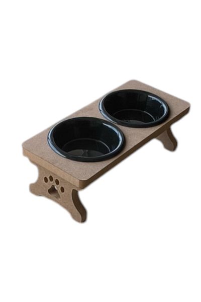 TİNEKE Black Cat Food and Water Bowl - Wooden Disassembled with 2 Plastic Rhinestones