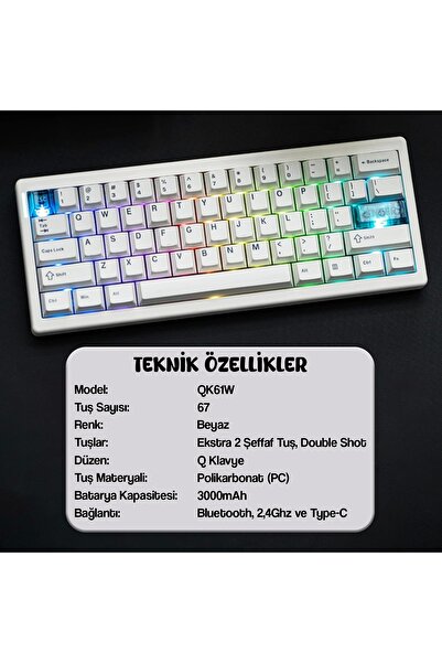 CIDOO QK61 Programlanabilir Esports RGB Mekanik 3 Mode Kablosuz Klavye (BEYAZ)