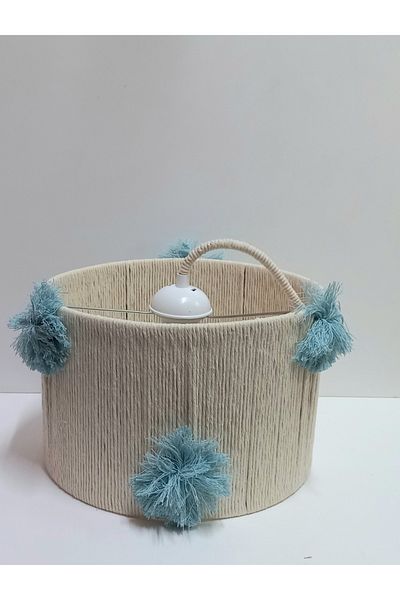 C&A&B KUZEY AVİZE Ecru Macrame Room for Baby and Child - Blue Pompom, Rope Wrapped Design Pendant Lamp Chandelier