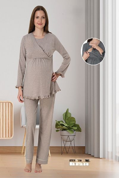 Puerpera Maternity Maternity Nightgown Dressing Gown and Pajamas Set with Effortt Secret Breastfeeding 4046