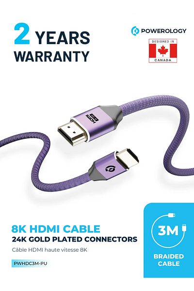 Powerology كابل مضفر 8K HDMI إلى HDMI بطول 2 متر - أرجواني