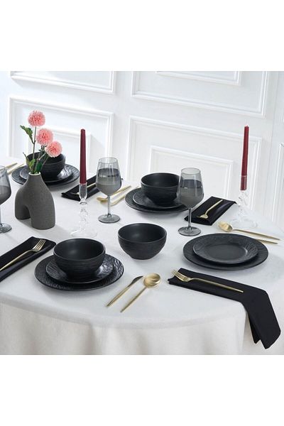 Karaca Solem Embossed 18-teiliges Steinzeug-Tafelservice für 6 Personen, Schwarz