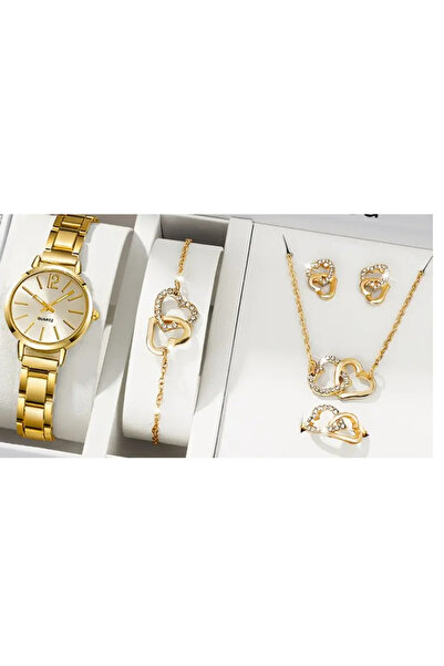 Jadem Gold Şık Kalpli Saat Kolye Küpe Bileklik Yüzük Set