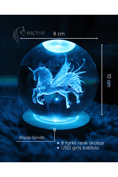 Berceste collection Dekoratif Cam Küre Gece Lambası - USB Girişli, Ahşap Standlı, Işıklı Ev ve Ofis Dekoru