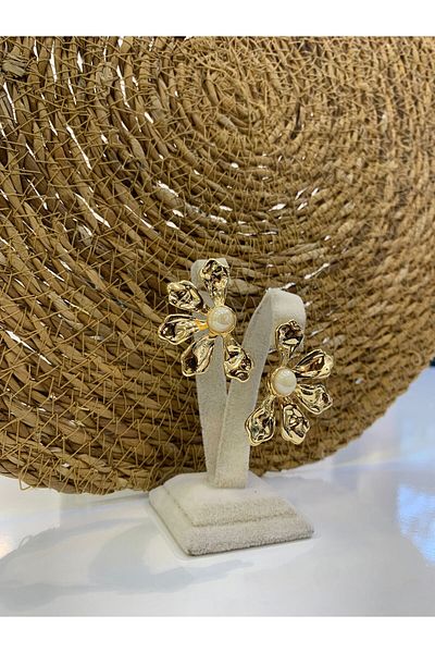 LUFES Half Flower Gold Metal Earrings with Pearl Detail