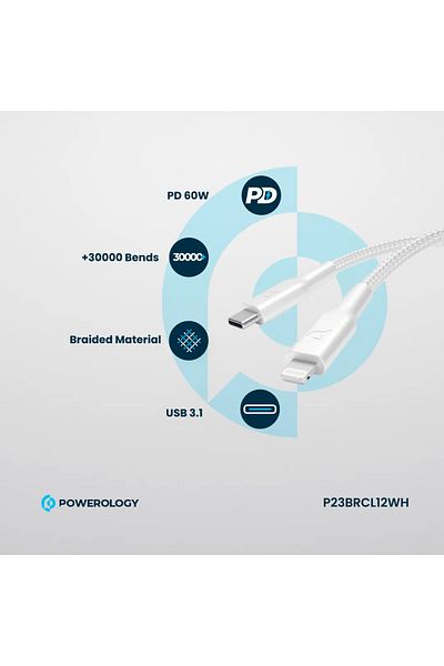 Powerology New Braided Type-C To Lightning Cable 1.2M Pd 60W - White