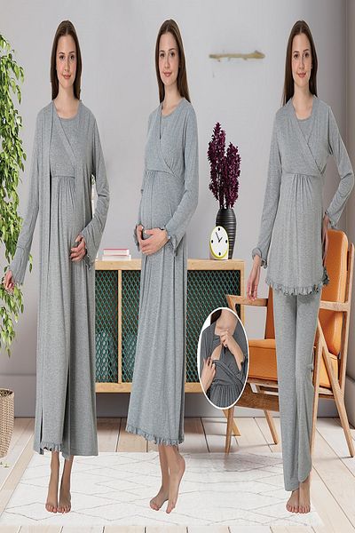 Puerpera Maternity Maternity Nightgown Dressing Gown and Pajamas Set with Effortt Secret Breastfeeding 4046