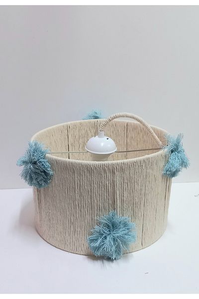 C&A&B KUZEY AVİZE Ecru Macrame Room for Baby and Child - Blue Pompom, Rope Wrapped Design Pendant Lamp Chandelier