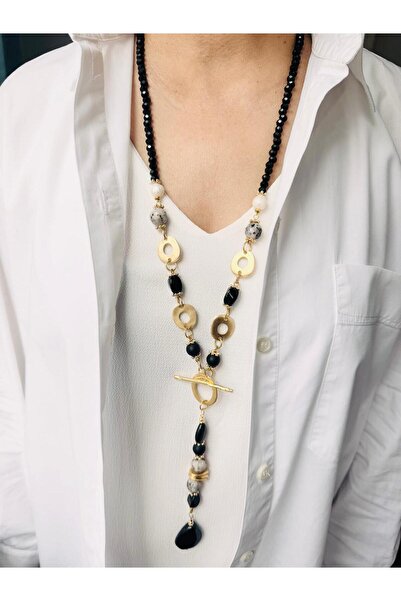 DEVİ fashion Long Natural Stone and Real Pearl Design Necklace 75cm