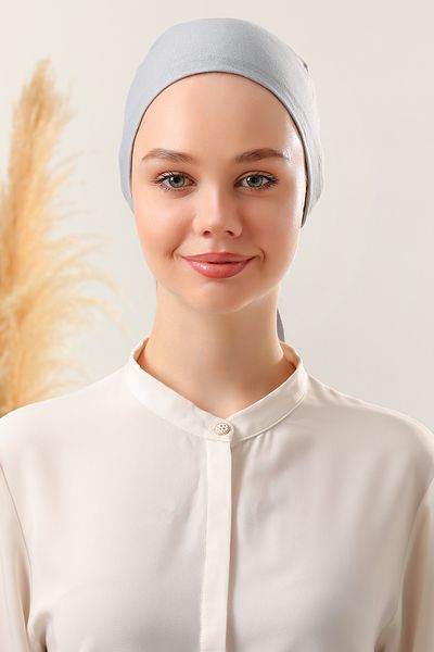 Melodi Scarf Ανοιχτό γκρι Hijab Χτενισμένο βαμβακερό καπό - Σετ 3 τεμαχίων δεμένο