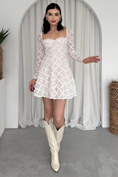 ZISHAN Dantel Detaylı Kalp Yaka Mini Boy Kadın Mezuniyet ve Abiye Elbise 161