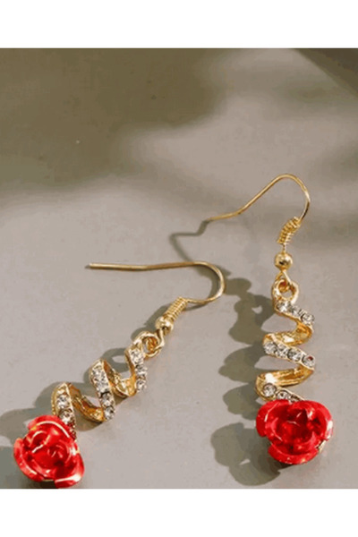 takıbahçesi Stylish Engagement Henna Wedding Evening Dress Earrings with Rhinestone Gold Colored Red Rose Detail