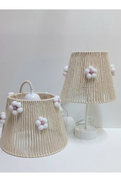 C&A&B KUZEY AVİZE Ekru Makrome Rope Hanger Conical Wire Flower Pompon Baby Girl and Girl's Room Chandelier - Lamp Shade Set(9)