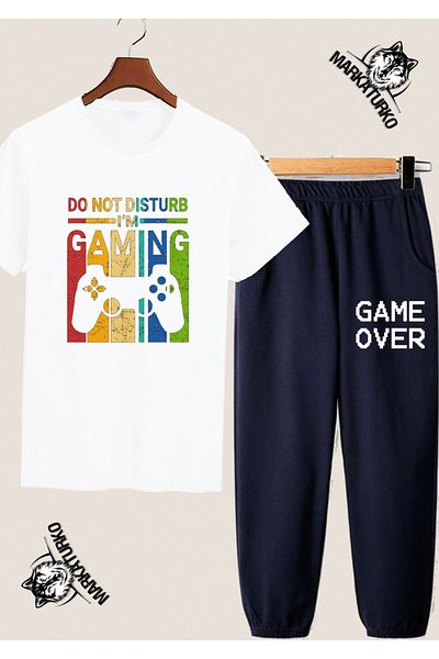 MarkaTurko GAME OVER Tricou și pantaloni de trening alb și bleumarin imprimat - 10845344