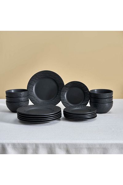Karaca Solem Embossed 18-teiliges Steinzeug-Tafelservice für 6 Personen, Schwarz