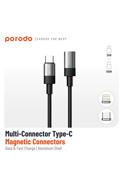 porodo كابل شحن سريع مضفر 100 وات من Pd C إلى C+L برأس مغناطيسي 1.2 متر - أسود