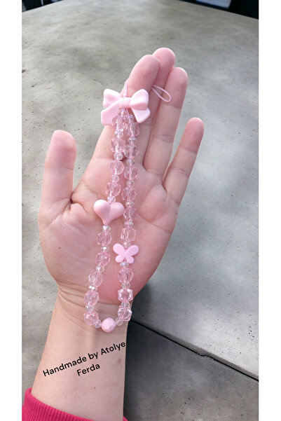 Atolye Ferda Pembe Kalp Ve Fiyonk Figürlü Telefon Charmı Telefon Süsü