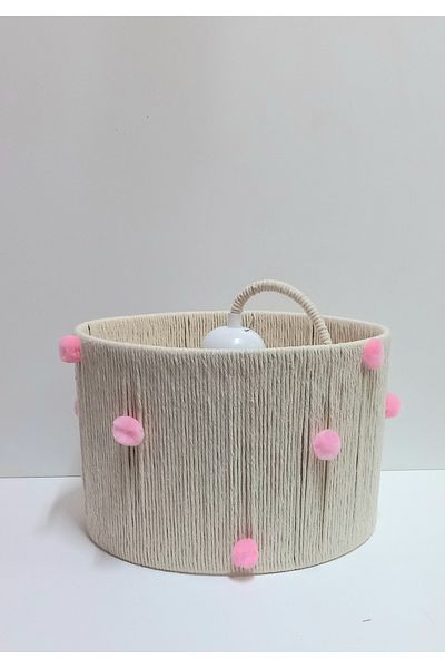 C&A&B KUZEY AVİZE Ecru Macrame - String Wrapped Candy Pink and Pompom Baby Girl & Kids Room Design
