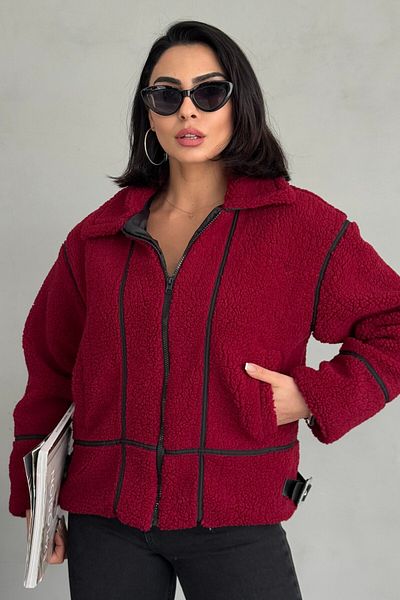 moda armanc Burgundy Plush Coat with Stripe Detail