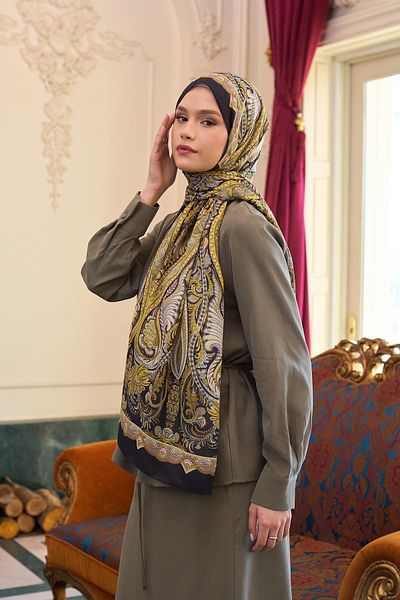 İpekhan 9804-02 Model șal din voile cu model auriu și șal de mătase