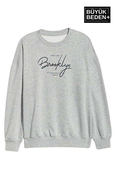 Superlife Women's Handwritten Brooklyn Printed Large Size Slim Crew Neck Swatshirt Spr25Bswk59