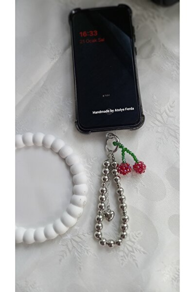 Atolye Ferda 3 Boyutlu Kiraz Model Boncuk Örme Telefon Süsü Telefon Çharmı