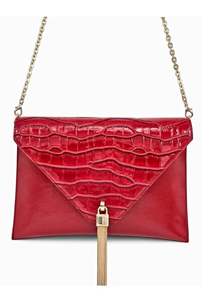 Evident Red Patent Leather & Crocodile Patterned Chain Women's Clutch & Clutch Bag
